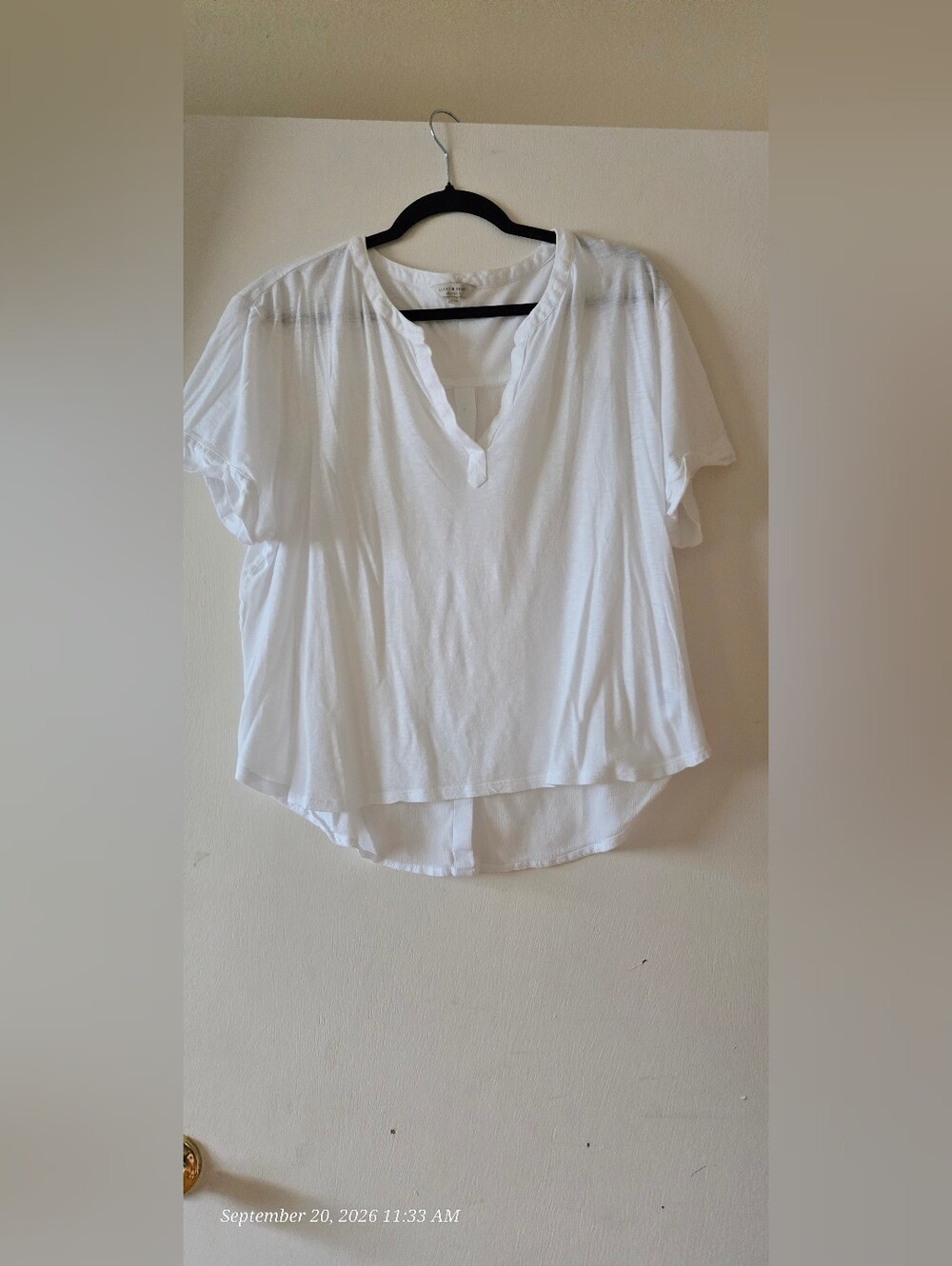 Lucky Brand White Short-Sleeve Split V-Neck Top With Buttons At Back And Foldove